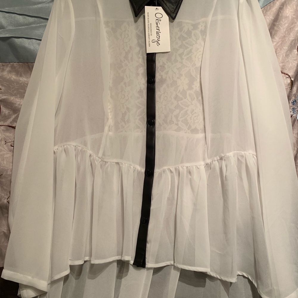 Lace accent button up blouse